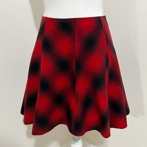 Polo Ralph Lauren Red & Black Checked Skirt Wool Blend Silk Lined - Picture 1 of 5